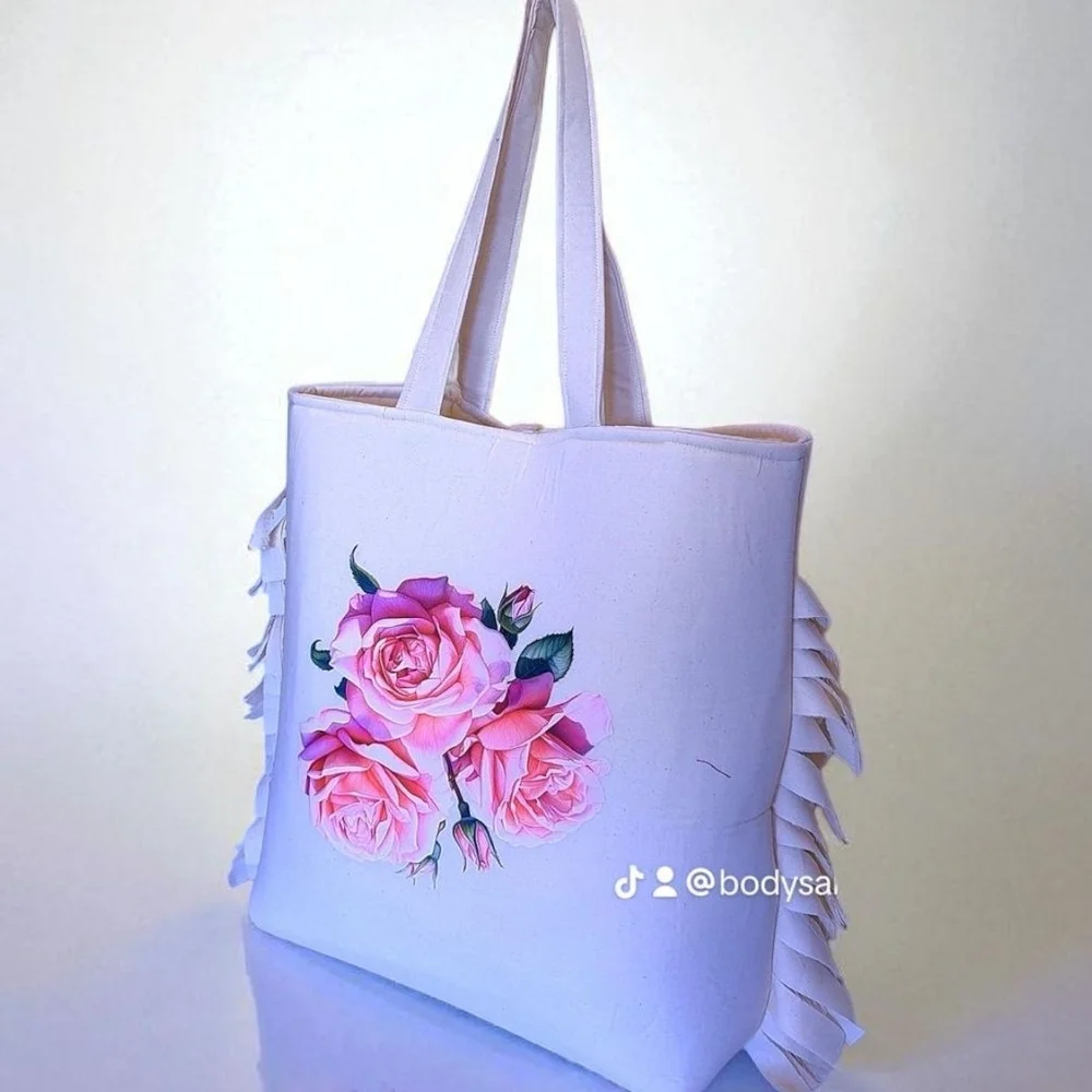 Chic Ruffled Tote Bag with Pink Floral Design